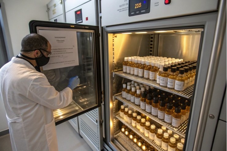 Lab technician checks stability chamber filled with sample bottles for product storage testing.