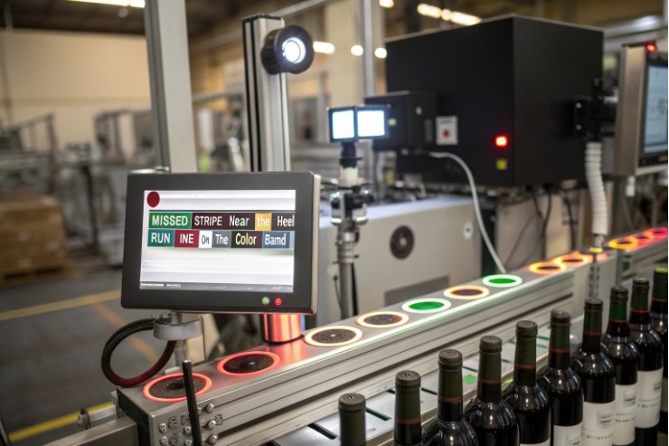 Camera vision system checks wine bottle labels, highlighting missed stripe and color band defects.