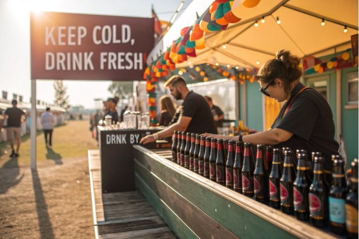 Outdoor beverage stand with rows of bottled drinks under keep cold drink fresh sign