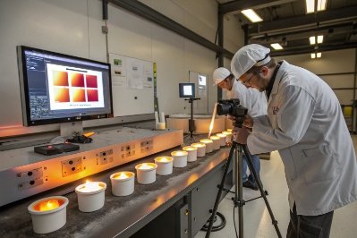 Quality lab photographing molten glass samples in crucibles for batch consistency testing