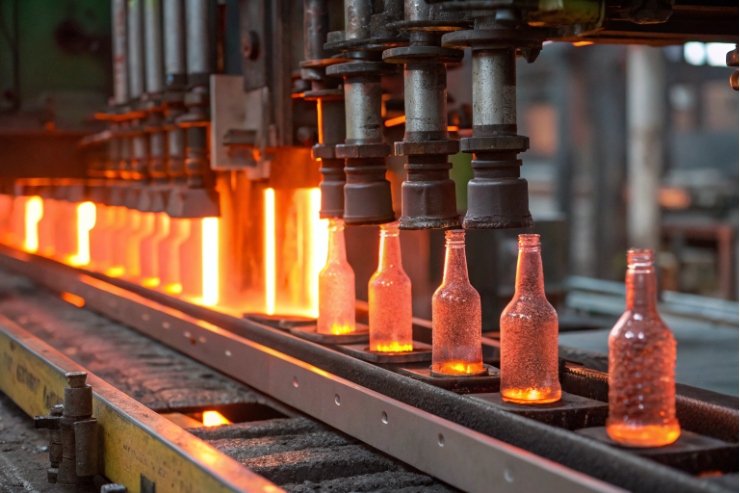 Glowing glass bottles move through forming machine on production line near furnace