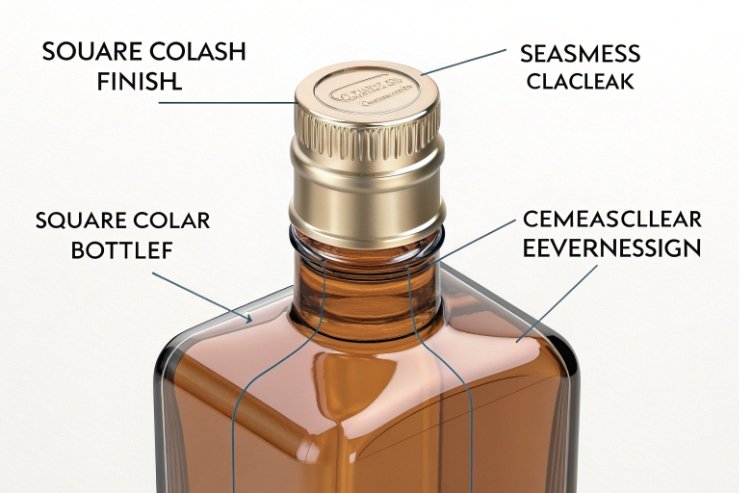 Detailed view of premium liquor bottle with square collar and polished finish