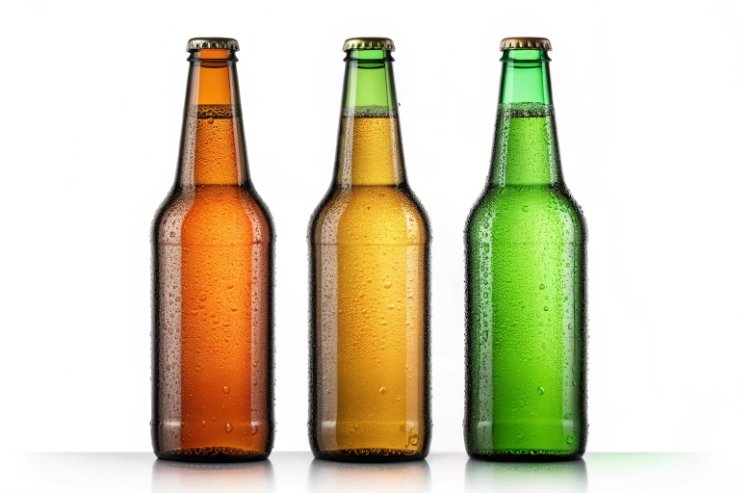Amber, flint and green glass beer bottles with condensation on white background