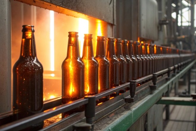 Amber beer bottles on conveyor passing furnace heat zone for annealing and strength control