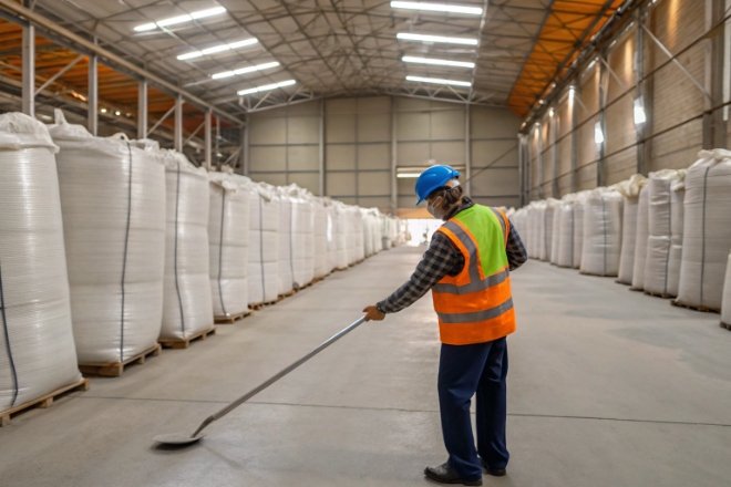 Warehouse worker inspecting bulk white material bags for glass batch storage and handling