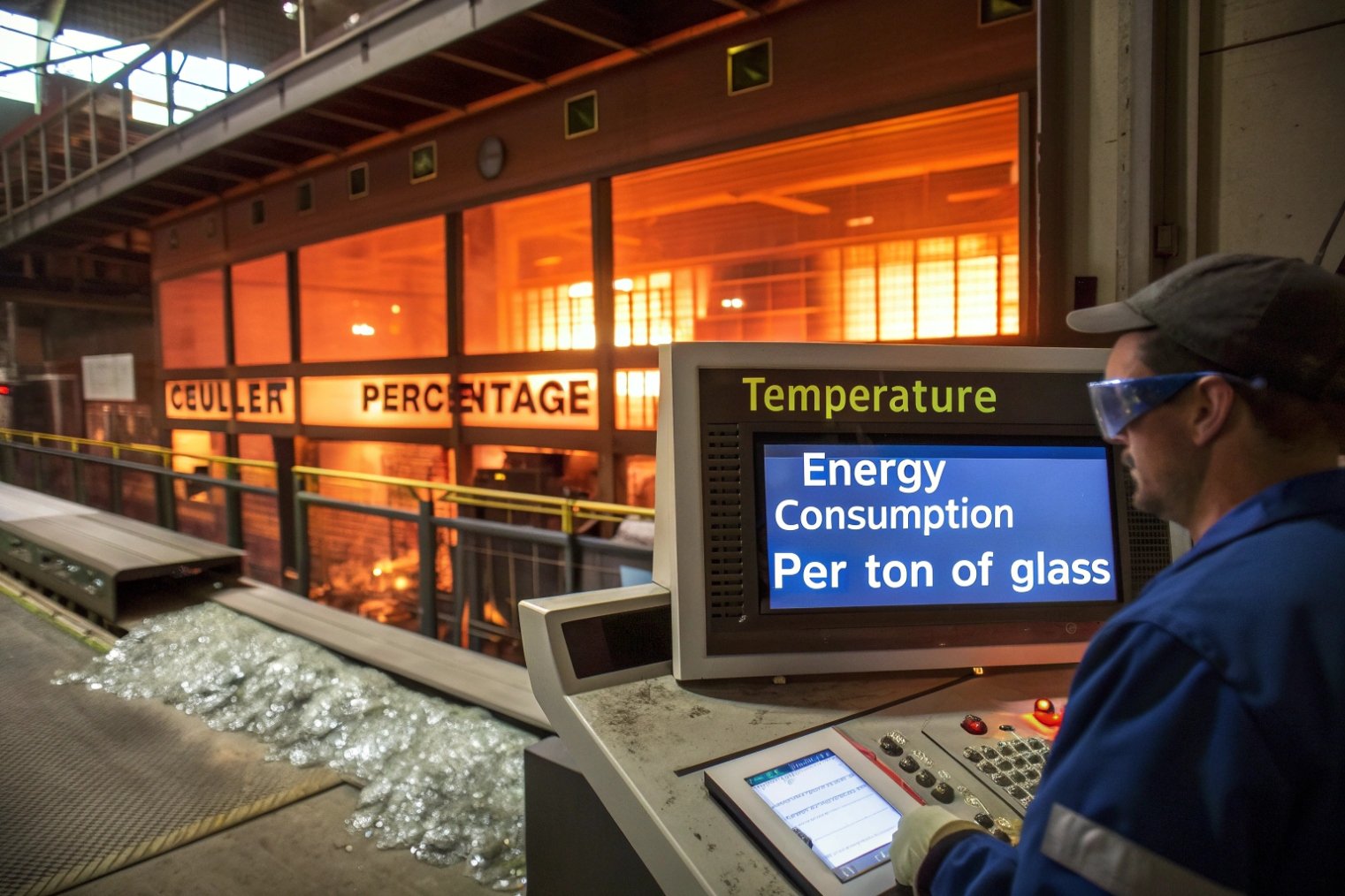 glass plant operator monitoring furnace temperature and energy consumption per ton of glass