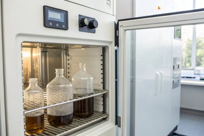Glass bottles in laboratory thermal chamber for heat resistance and stability testing