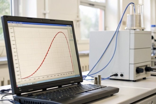 Laboratory instrument with laptop graph showing glass composition analysis and test results