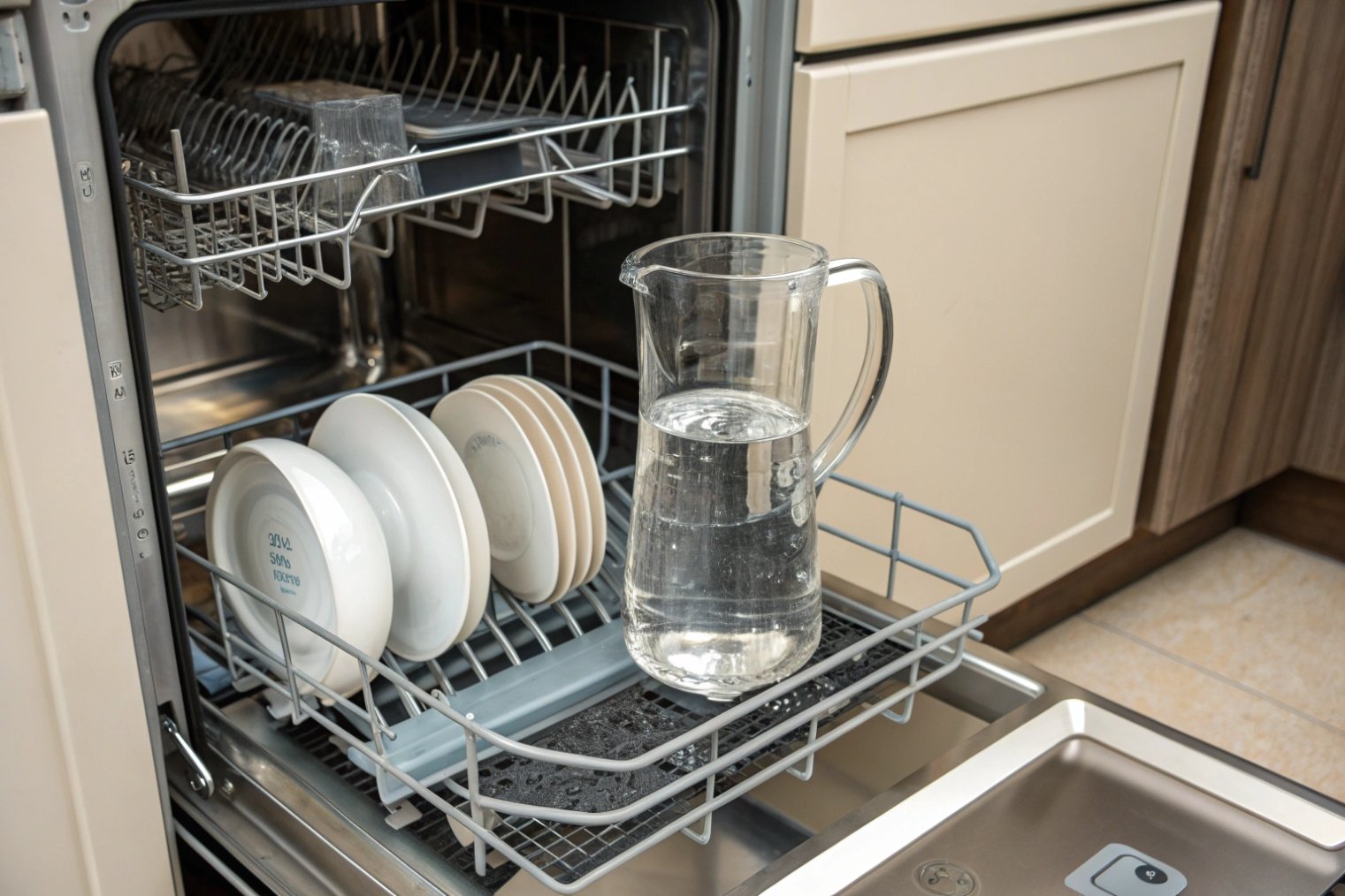 Open dishwasher with the lower rack pulled out holding a tall clear glass pitcher of water next to white plates illustrating that the carafe is dishwasher safe