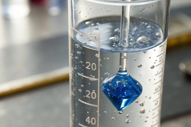 Hydrometer in graduated cylinder measuring liquid density with bubbles in lab