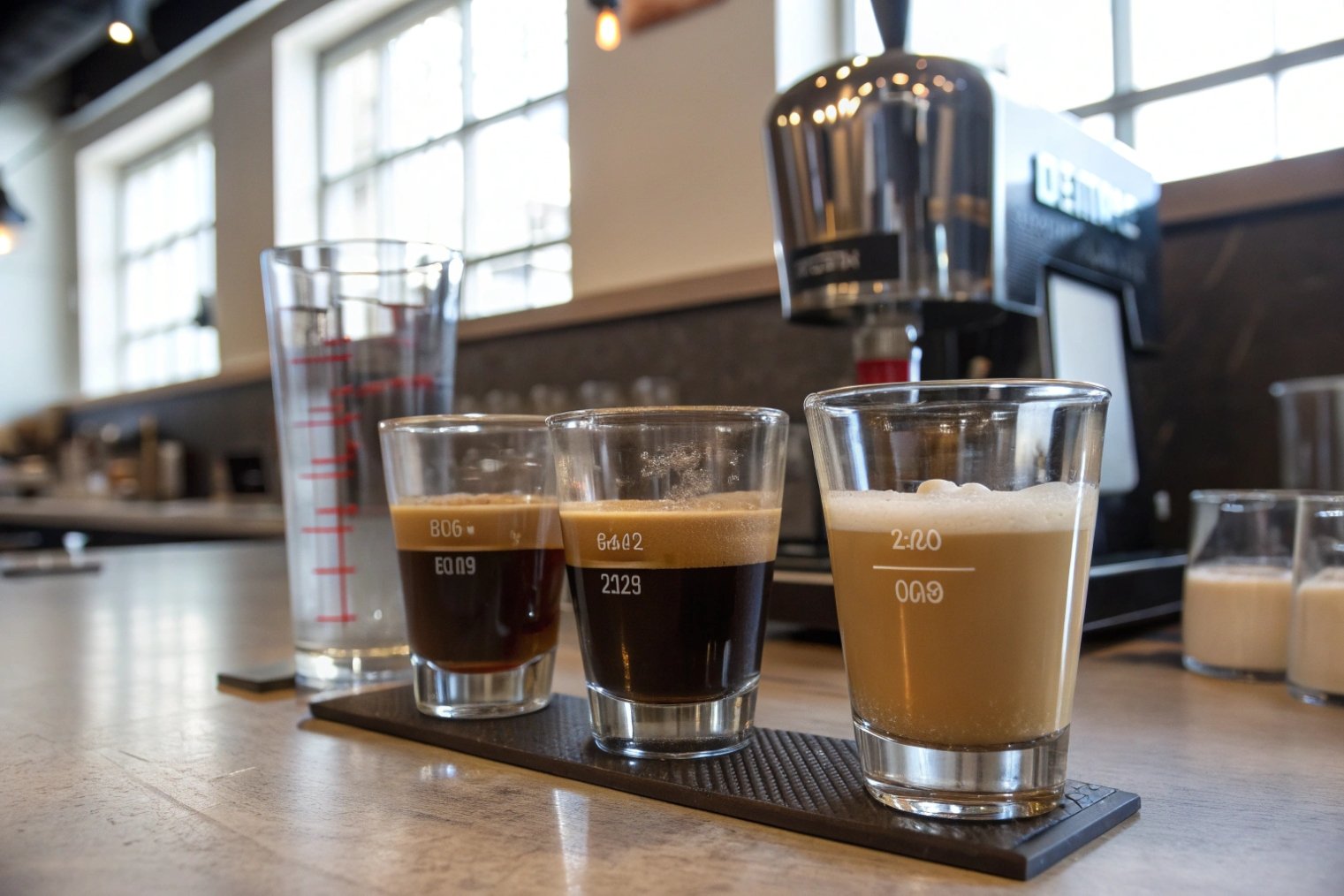 Row of calibrated glass espresso cups with varying crema levels lined up on a café counter beside a tall measuring glass and espresso machine