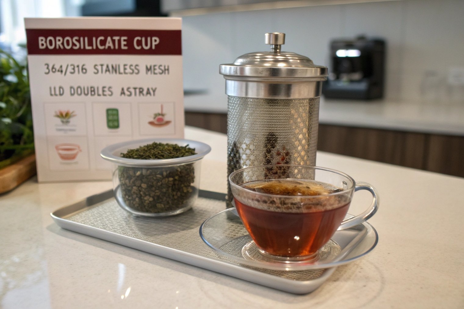 Borosilicate glass tea set on a tray: loose-leaf tea in a small glass bowl, a tall stainless mesh infuser pot, and a clear glass cup of brewed tea in front of a sign that lists borosilicate cup features