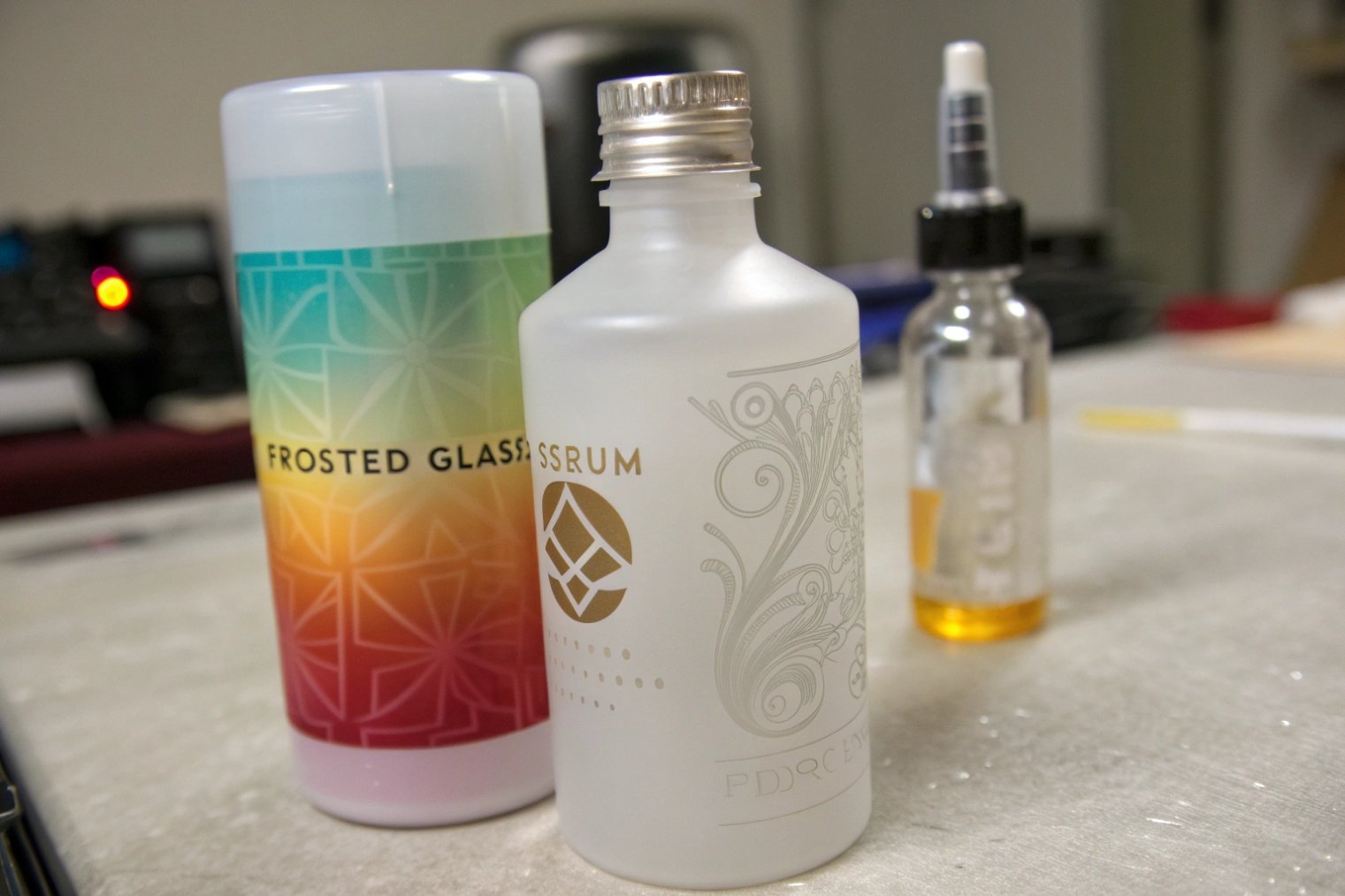 set of decorated frosted glass bottles showing gradient color and fine gold graphics