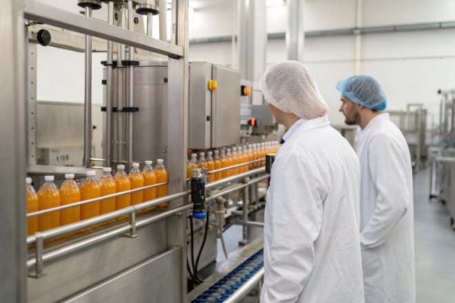 Quality inspectors monitoring beverage bottling line in cleanroom for food grade production