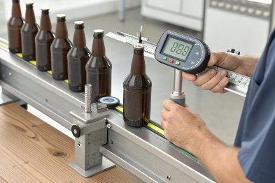 Digital caliper measures beer bottle neck finish on quality control line