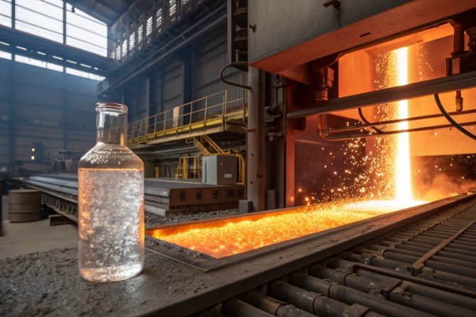 Clear glass bottle beside molten glass stream and sparks at hot-end line