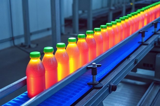 Bottles on conveyor under heat vision lighting showing inline inspection and production quality