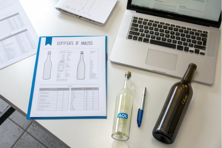 Certificate of analysis for glass bottles on office desk with laptop sample bottles and pen