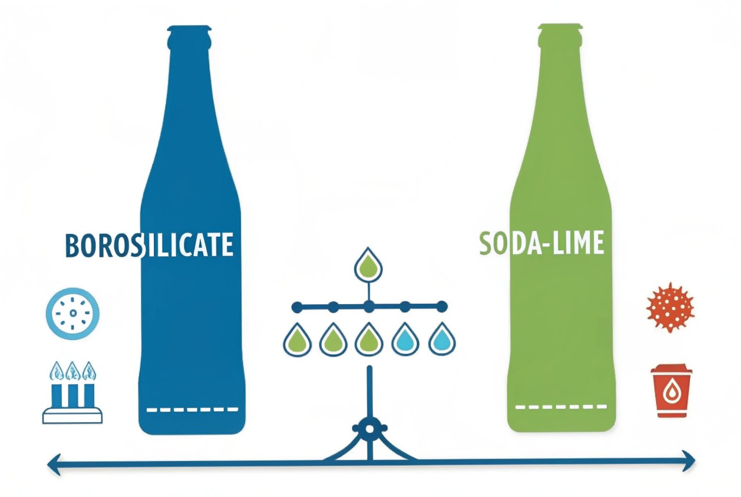 Illustration comparing borosilicate and soda-lime glass bottles for beverage and food packaging applications