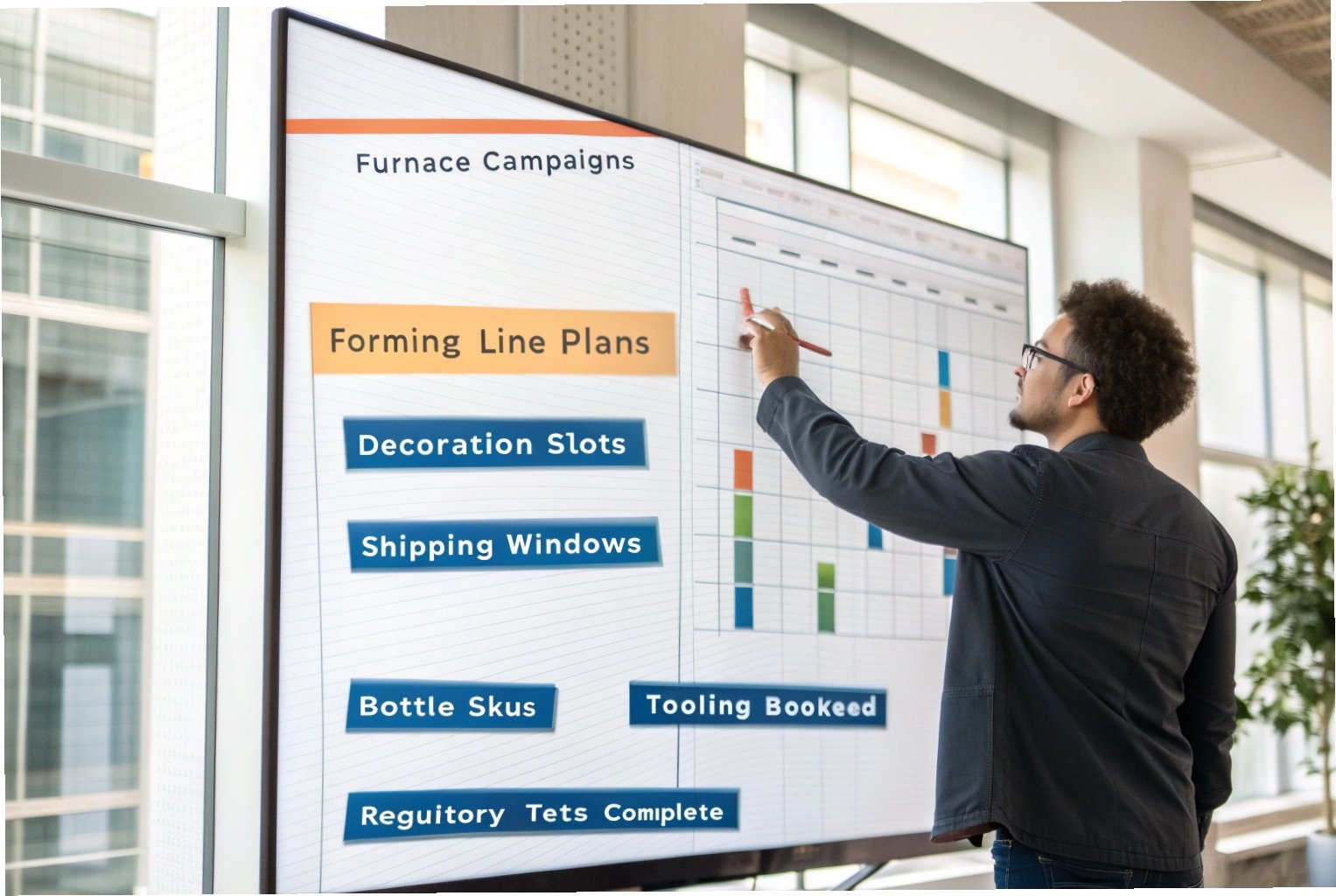 Engineer planning glass forming line campaigns on large digital scheduling screen