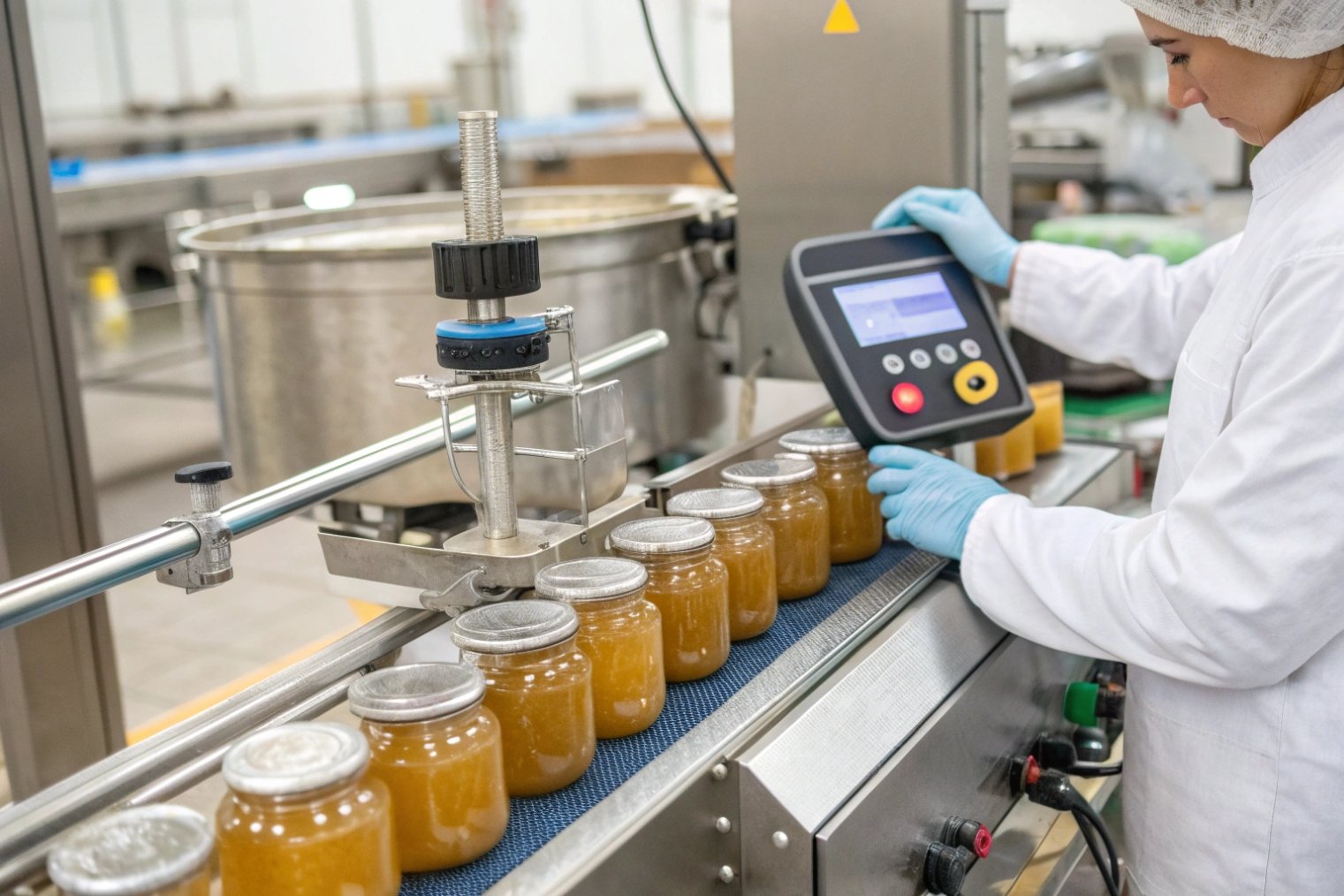 Food factory worker monitoring honey glass jars on automatic filling conveyor line