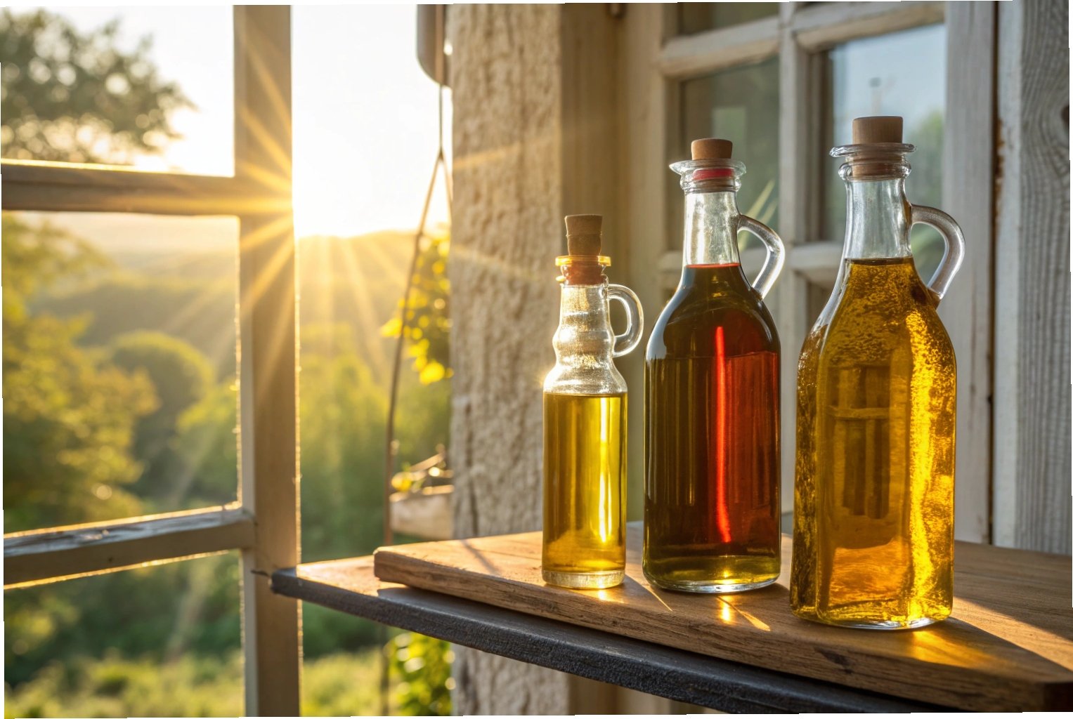 Sunlit glass oil bottles with cork stoppers on rustic wooden windowsill at sunset