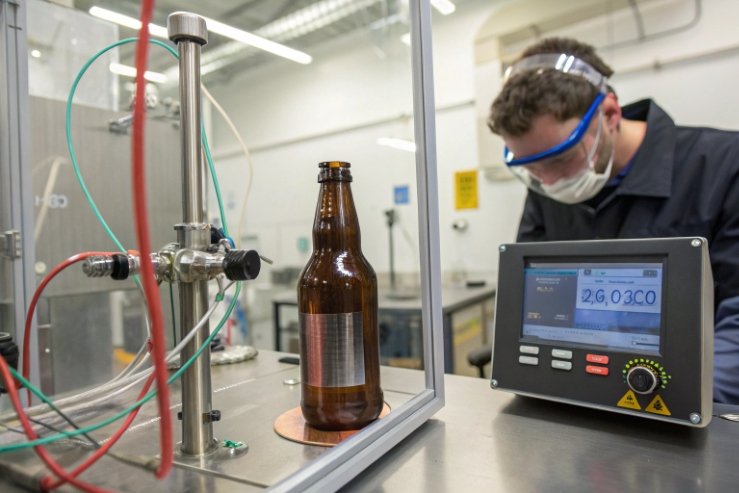 Technician measuring bottle pressure and CO2 levels in quality control lab