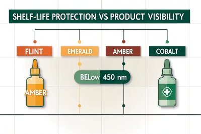 Infographic comparing flint emerald amber and cobalt glass for shelf life protection below 450nm