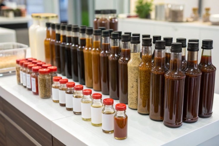 R&D / QA bench lineup: many sauce bottles and small sample vials arranged in rows on a countertop for testing and formulation