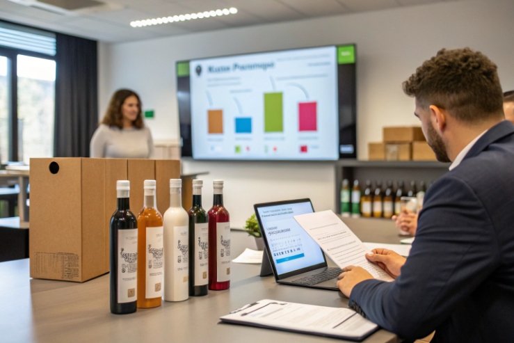 Packaging team reviewing glass bottle samples and sustainability data during product development meeting