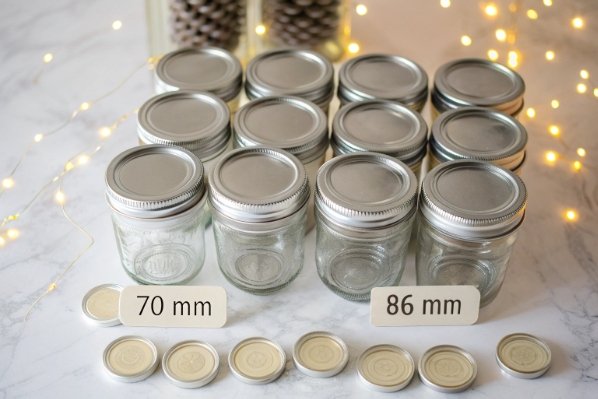 small canning glass jars with metal lids showing 70mm and 86mm mouth sizes