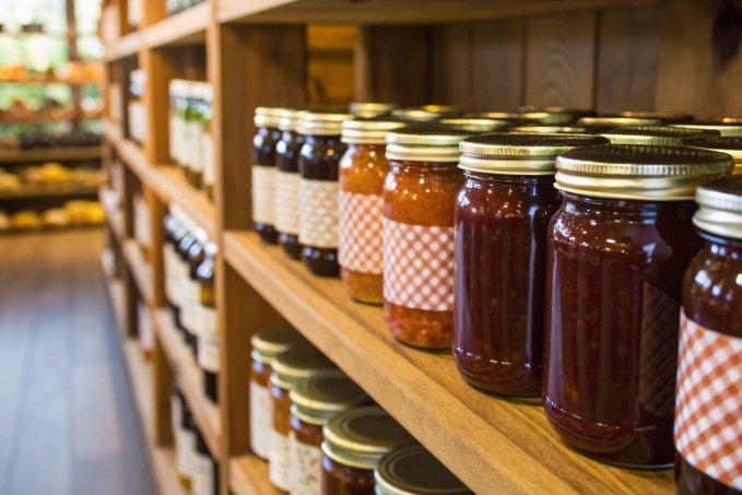 wooden shelves with canning glass jars of jam and sauce sealed with metal lids