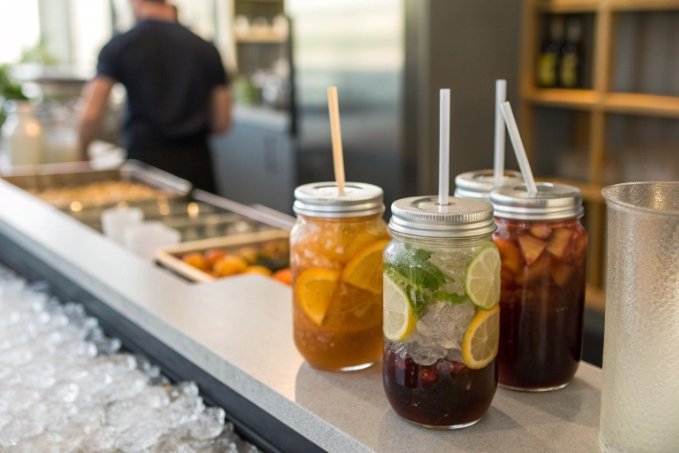 mason jar drinking glasses with metal lids and straws serving iced beverages