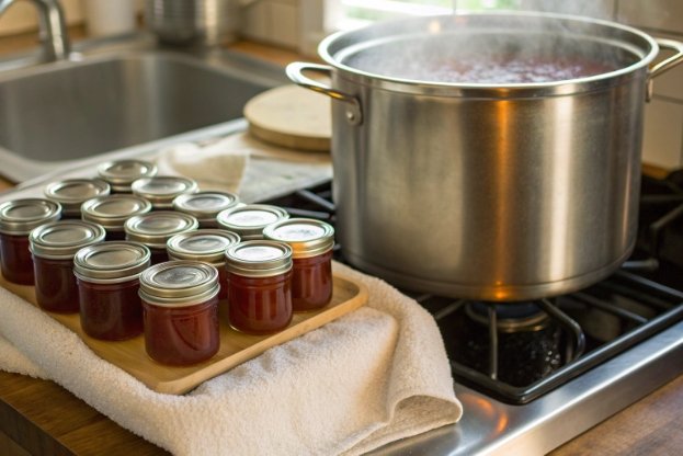 home canning jam in small glass jars beside boiling stockpot on stove