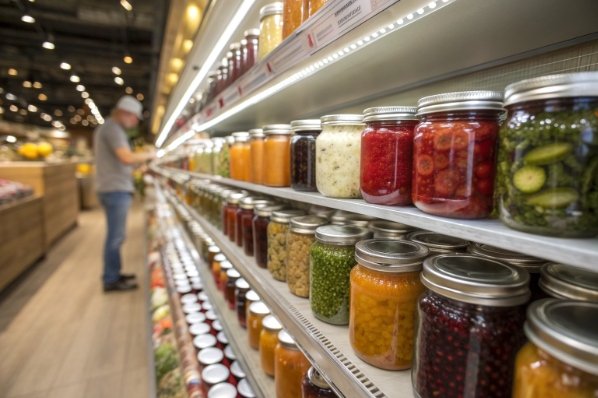 supermarket shelves stocked with colorful preserved foods in glass jars