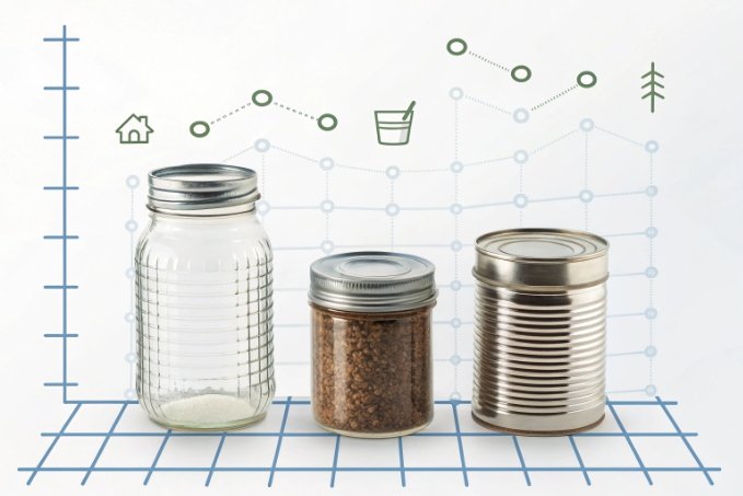 glass jars and metal can compared on sustainability infographic background