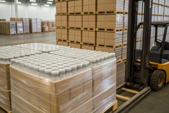 pallet of shrink wrapped glass bottles moved by forklift in warehouse