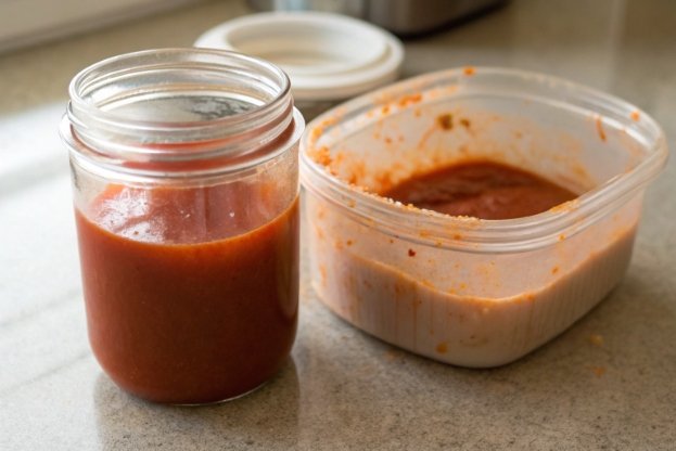 tomato sauce in clear glass jar vs stained plastic container on counter