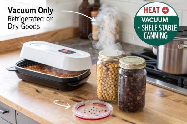 kitchen counter with vacuum sealer and glass canning jars of dry goods