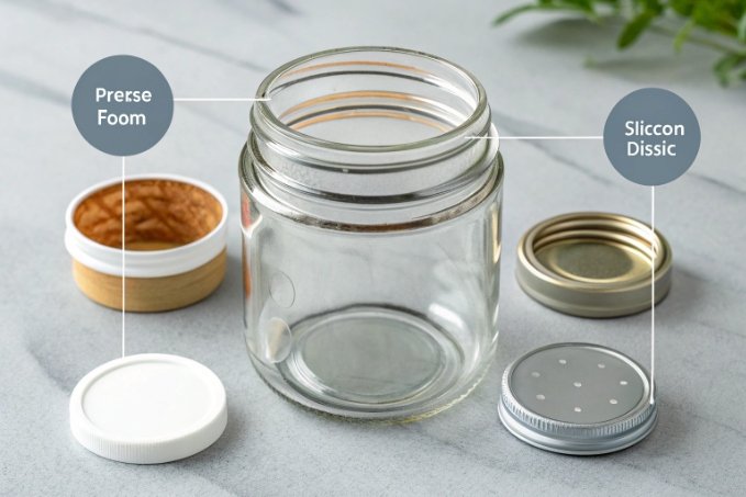 empty glass jar with assorted screw lids and sealing liners displayed