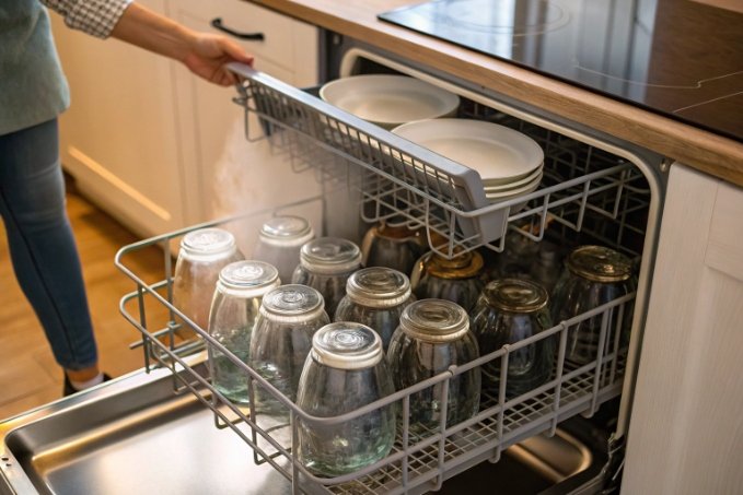 dishwasher rack loaded with upside down glass jars being sanitized