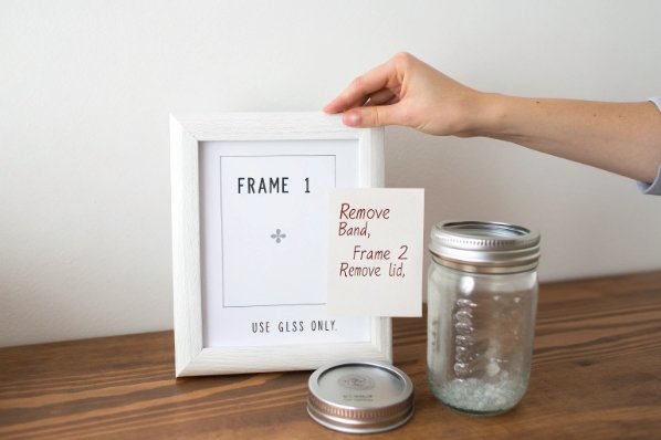 hand holding instruction card beside framed sign and empty mason jar with lid