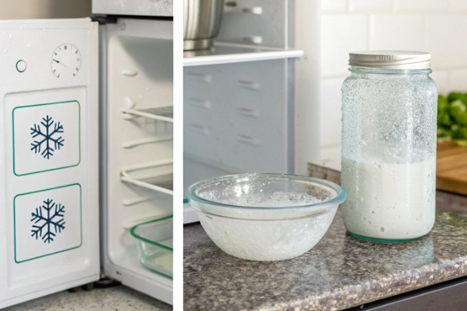 freezer compartment and frosted glass jar of milk beside cracked glass bowl