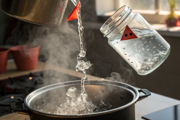 boiling water poured into warning labeled glass jar above stockpot, illustrating heat stress
