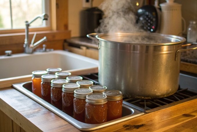 tray of hot sealed mason jars beside steaming stockpot on kitchen stove