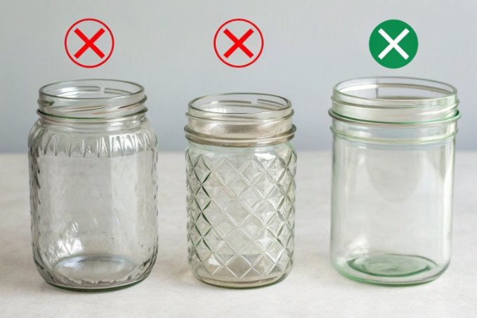 three glass jars showing unsafe embossed styles and one plain jar approved for canning