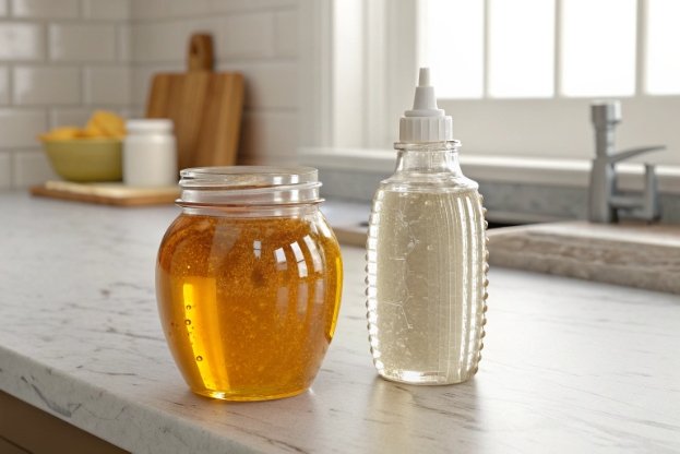 glass honey jar and plastic squeeze bottle on kitchen counter