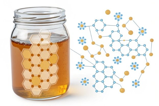 glass honey jar with honeycomb pattern and illustrated sugar molecule structure