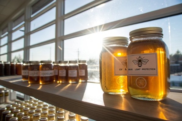sunlit glass honey jars on windowsill showing UV light exposure risk