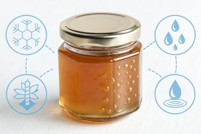 small hexagon glass honey jar with storage condition icons around